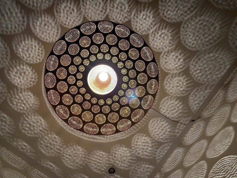 Moroccan Pierced Brass Flush Mount Ceiling Light – Round Geometric Shadow Lamp with Circular Cutout Pattern