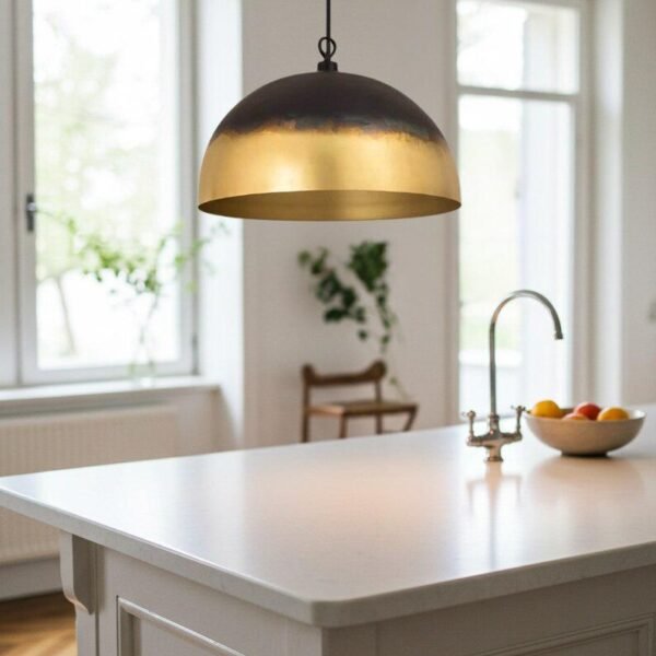 Black and Antique Brass Dome Pendant Light, Handmade Moroccan Two-Tone Brass Kitchen Island Chandelier, Modern Rustic Farmhouse Hanging Ceiling Light Fixture