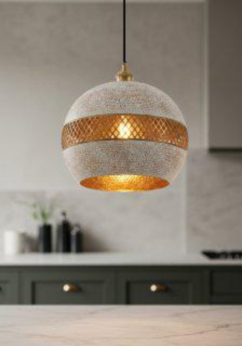 White and Gold Brass Globe Pendant Light – Moroccan Lattice Orb Chandelier with Crackle Finish