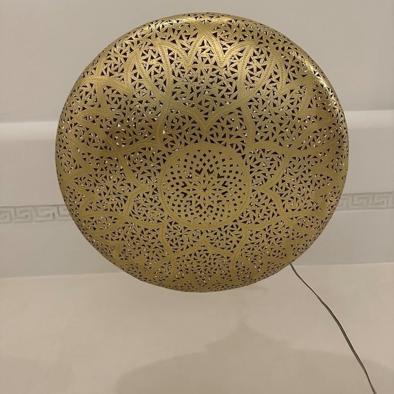 Handmade Moroccan Brass Pendant Light – Large Pierced Oval Ceiling Lantern with Geometric Star & Floral Cutouts, Shadow Casting Moorish Dining Room & Living Room Lighting