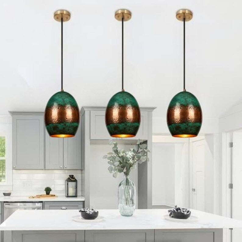 Handmade Green Patina Brass Pendant Light – Moroccan Oval Hanging Lamp with Hammered Copper Brass Band for Kitchen Island, Dining Room & Boho Home Décor