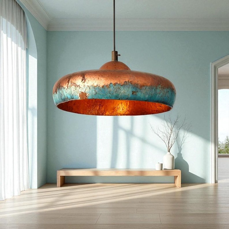 Oversized Two-Tone Copper and Turquoise Patina Saucer Pendant Light, Handmade Moroccan Wide Dome Chandelier, Verdigris Copper Dining Room and Kitchen Island Hanging Lamp, Rustic Boho Farmhouse Ceiling Light Fixture