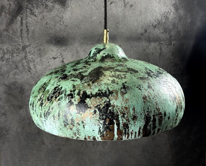 Rustic Green Patina Copper Saucer Pendant Light, Handmade Moroccan Verdigris Dome Chandelier, Vintage Copper Kitchen Island Hanging Lamp, Boho Farmhouse Ceiling Light Fixture