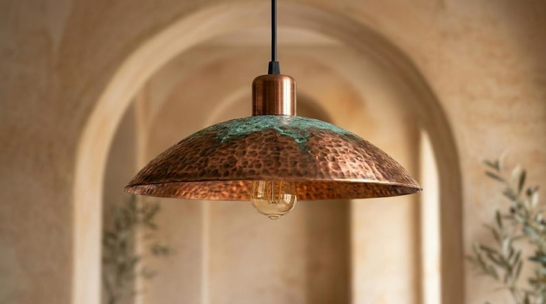 Handmade Brass Moroccan Pendant Light – Copper Hammered Brass Dome Hanging Lamp with Verdigris Green Patina Accent, Rustic Kitchen Island Ceiling Fixture