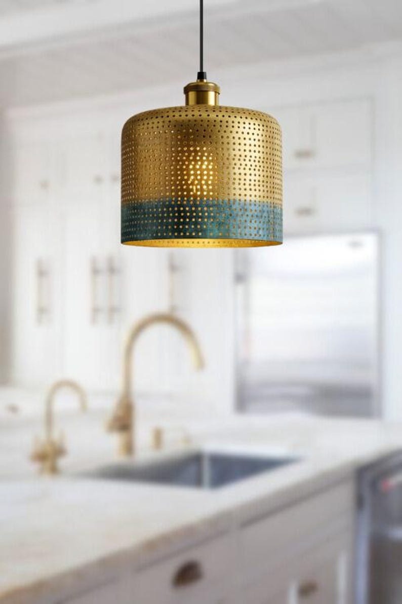Handmade Perforated Brass Pendant Light – Moroccan Gold & Blue Patina Cylinder Hanging Lamp for Kitchen Island, Dining Room & Boho Home Décor