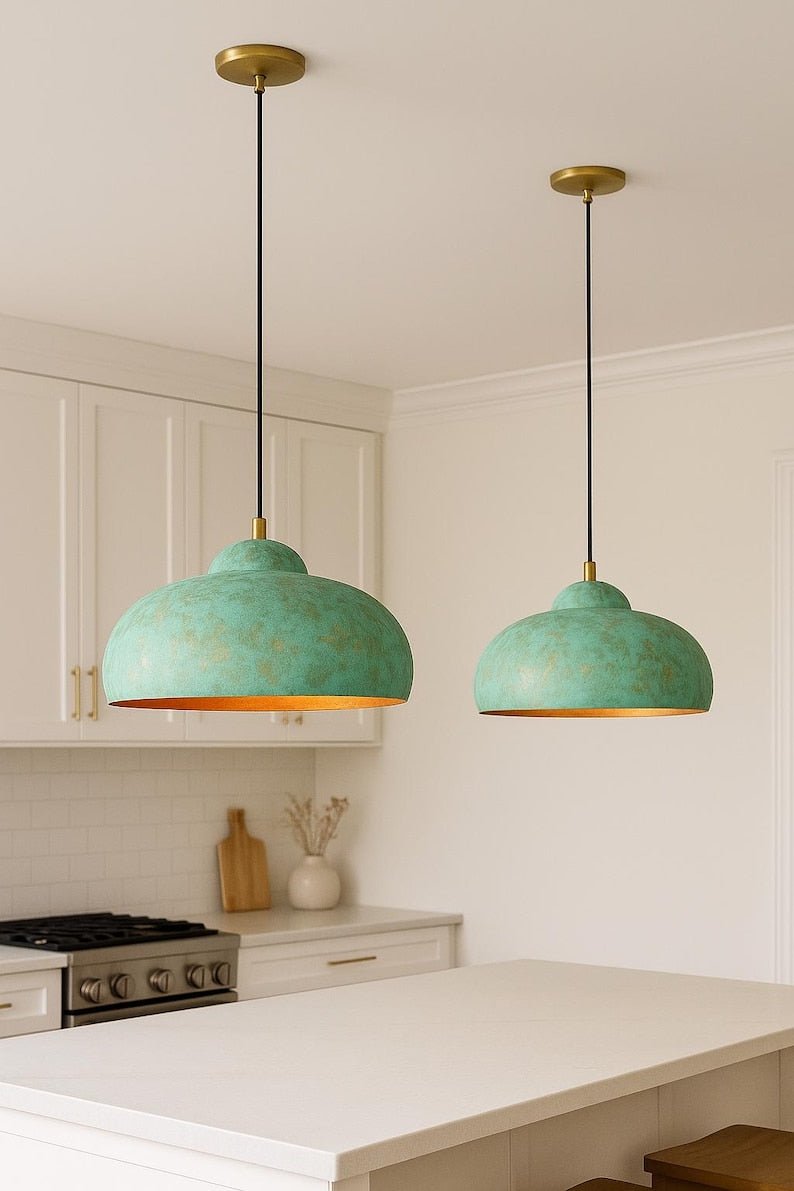 Turquoise Green Patina Copper Saucer Pendant Light, Handmade Moroccan Wide Dome Kitchen Island Chandelier, Verdigris Boho Farmhouse Hanging Ceiling Light Fixture