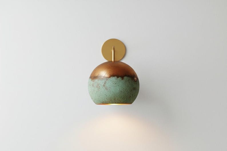 Handmade Moroccan Brass Wall Sconce – Turquoise Verdigris Patina Globe Wall Light with Copper Top and Warm Gold Interior, Boho Mediterranean Bedside Lamp for Bedroom, Hallway & Entryway
