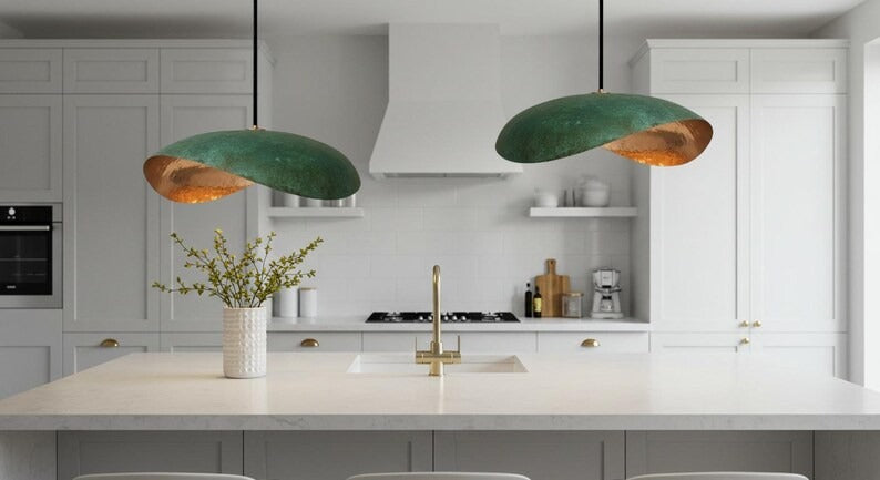 Handmade Moroccan Brass Sculptural Pendant Light – Asymmetrical Green Verdigris Patina Hanging Lamp with Warm Copper Interior, Modern Organic Ceiling Light for Dining Room, Kitchen Island & Living Room