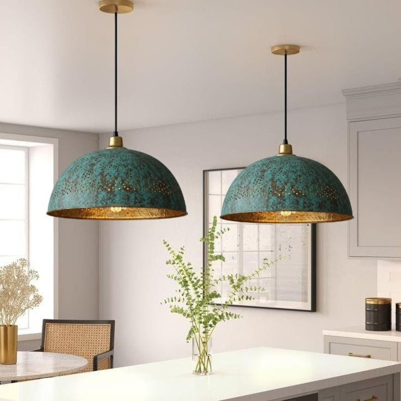 Handmade Brass Dome Pendant Light – Turquoise Patina Moroccan Ceiling Lamp, Pierced Brass Kitchen Island Pendant, Rustic Verdigris Dining Room Light Fixture