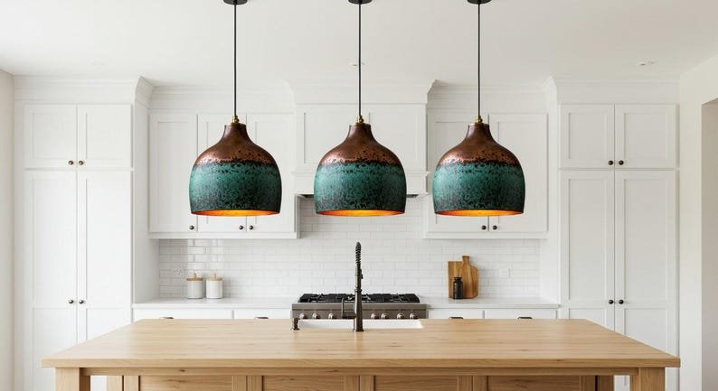 Green Patina Copper Pendant Light, Handmade Moroccan Two-Tone Copper Hanging Lamp, Verdigris Kitchen Island Chandelier, Rustic Boho Farmhouse Ceiling Light Fixture
