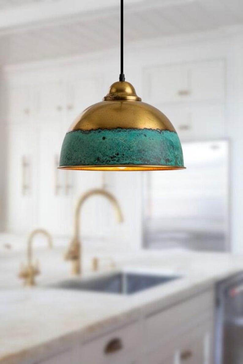 Handmade Green Patina Brass Pendant Light – Moroccan Globe Pendant Lamp with Perforated Copper Brass Band for Kitchen Island, Dining Room & Boho Home Décor