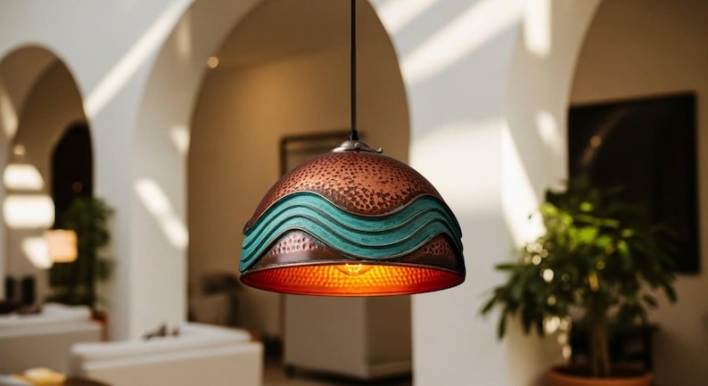 Hammered Copper Dome Pendant Light, Handmade Moroccan Turquoise Wave Chandelier, Green Patina Copper Kitchen Island Hanging Lamp, Rustic Boho Farmhouse Ceiling Light Fixture