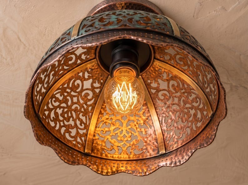 Handmade Brass Flush Mount Ceiling Light – Verdigris Green Patina Pierced Brass Dome Fixture with Scalloped Copper Edge, Moroccan Rustic Ceiling Lamp