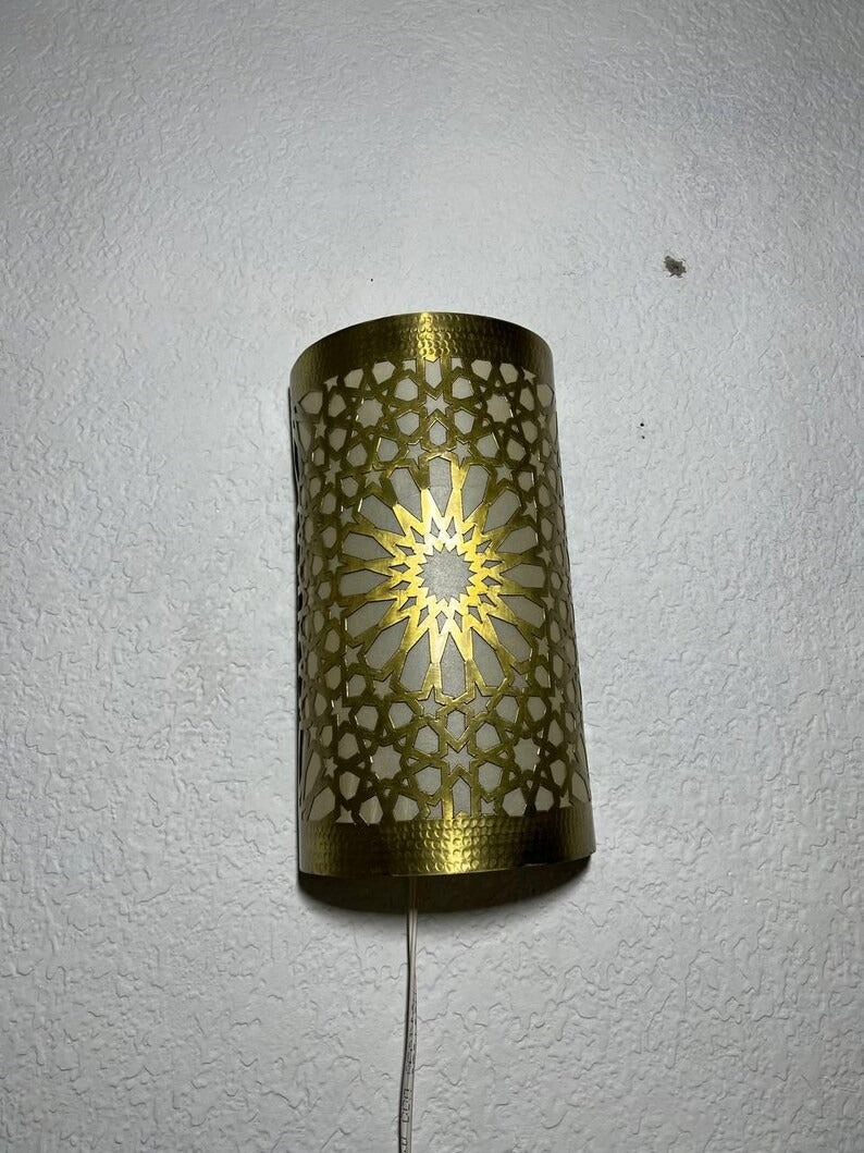 Handmade Brass Moroccan Wall Sconce – Black Pierced Brass Star Pattern Wall Light, Boho Shadow Lamp, Moroccan Geometric Wall Lighting Fixture