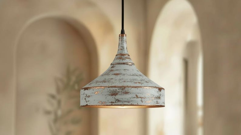 Handmade Moroccan Brass Pendant Light – Distressed White Patina Cone Ceiling Lamp, Rustic Farmhouse Kitchen Island Fixture