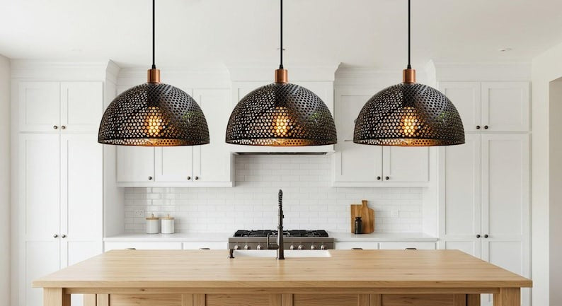 Perforated Black Brass Dome Pendant Light – Copper Accent Moroccan Kitchen Island Chandelier