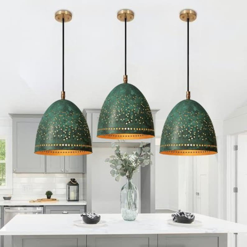 Handmade Green Patina Brass Pendant Light – Moroccan Dome Pendant Lamp with Pierced Star Pattern for Kitchen Island, Dining Room & Boho Home Décor