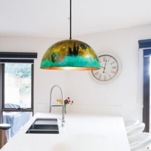 Green and Gold Patina Copper Dome Pendant Light, Handmade Moroccan Verdigris Kitchen Island Chandelier, Rustic Brass Copper Hanging Lamp, Boho Farmhouse Ceiling Light Fixture