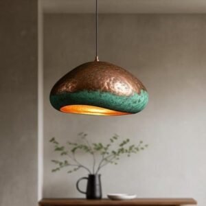 Two-Tone Copper and Green Patina Saucer Pendant Light, Handmade Moroccan Hammered Copper Chandelier, Verdigris Kitchen Island Hanging Lamp, Rustic Boho Farmhouse Ceiling Light Fixture