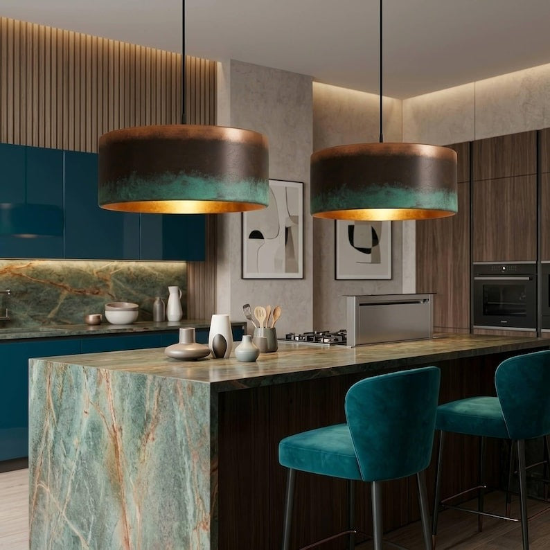 Handmade Moroccan Brass Drum Pendant Light – Aged Copper and Green Verdigris Patina Hanging Lamp with Warm Gold Interior, Large Modern Boho Ceiling Light for Living Room, Kitchen Island & Dining Room