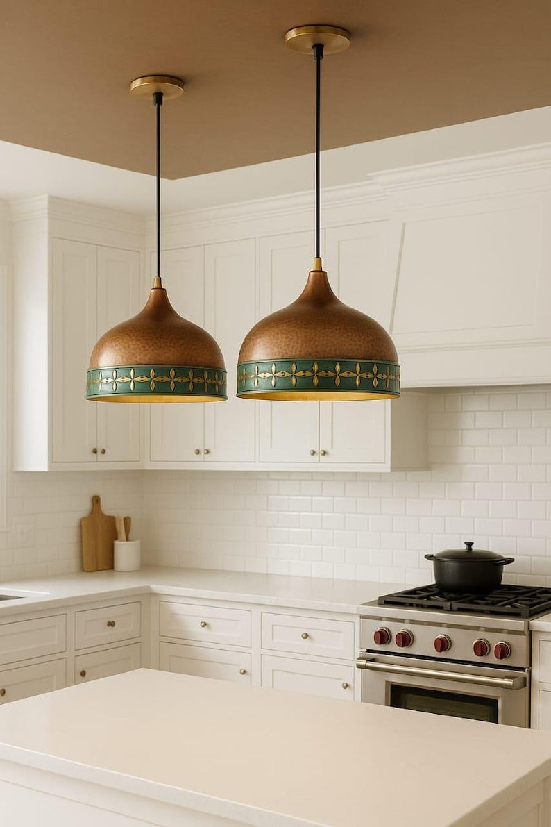 Hammered Brass Dome Pendant Light – Copper & Verdigris Floral Moroccan Kitchen Island Chandelier