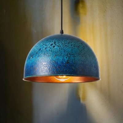 Blue Patina Copper Pendant Light, Handmade Moroccan Hammered Copper Dome Chandelier, Rustic Verdigris Kitchen Island Hanging Lamp, Boho Copper Ceiling Light Fixture