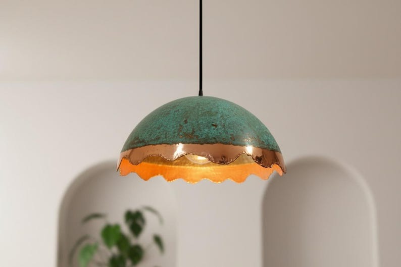 Handmade Moroccan Brass Dome Pendant Light – Turquoise Patina Brass Hanging Lamp with Copper Band & Scalloped Edge, Warm Gold Interior Boho Ceiling Light for Kitchen Island, Dining Room & Living Room