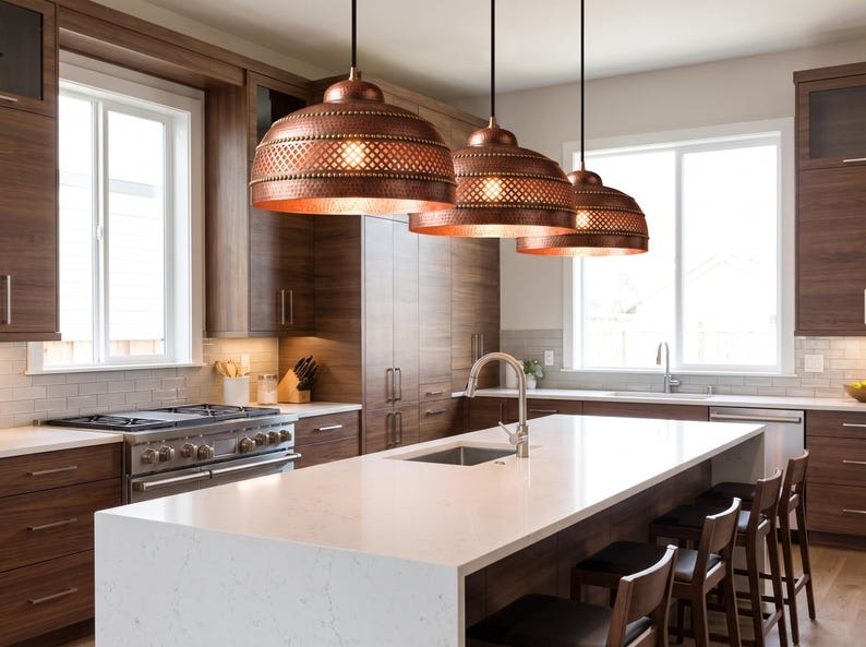 Handmade Moroccan Brass Pendant Light – Hammered Copper Brass Dome Hanging Lamp with Diamond Lattice Band and Decorative Beaded Trim for Kitchen Island, Dining Room & Living Room