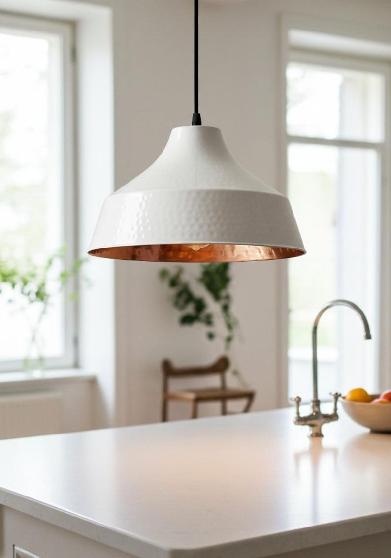 White Hammered Brass Pendant Light – Modern Cone Kitchen Island Chandelier with Copper Interior