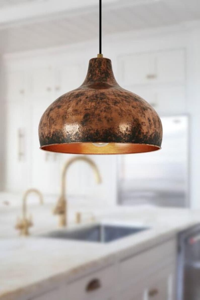 Handmade Aged Brass Pendant Light – Moroccan Rustic Copper Patina Dome Hanging Lamp for Kitchen Island, Dining Room & Boho Home Décor