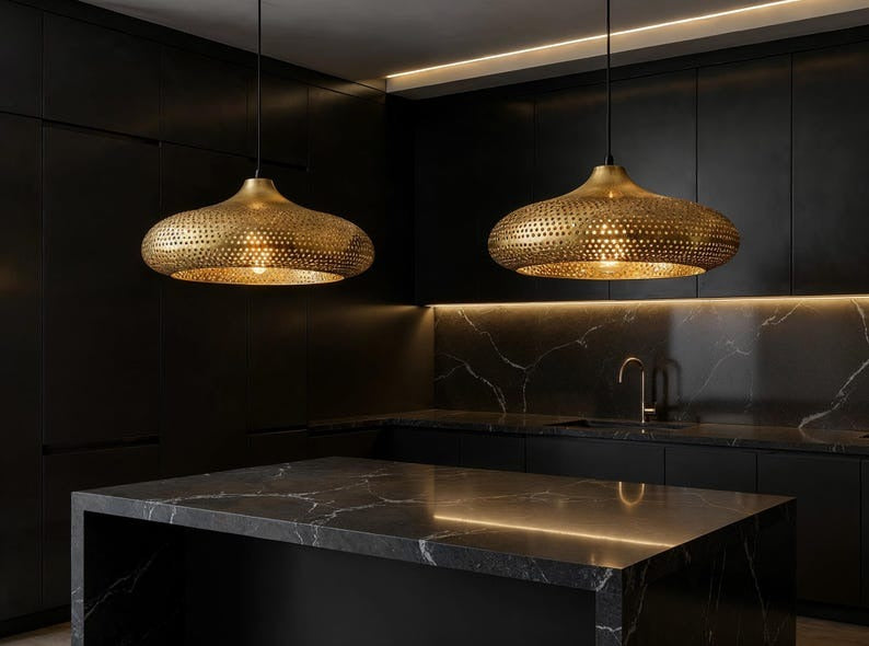 Perforated Brass Saucer Pendant Light, Handmade Moroccan Gold Brass Chandelier, Pierced Kitchen Island Hanging Lamp, Rustic Boho Farmhouse Dining Room Ceiling Light Fixture