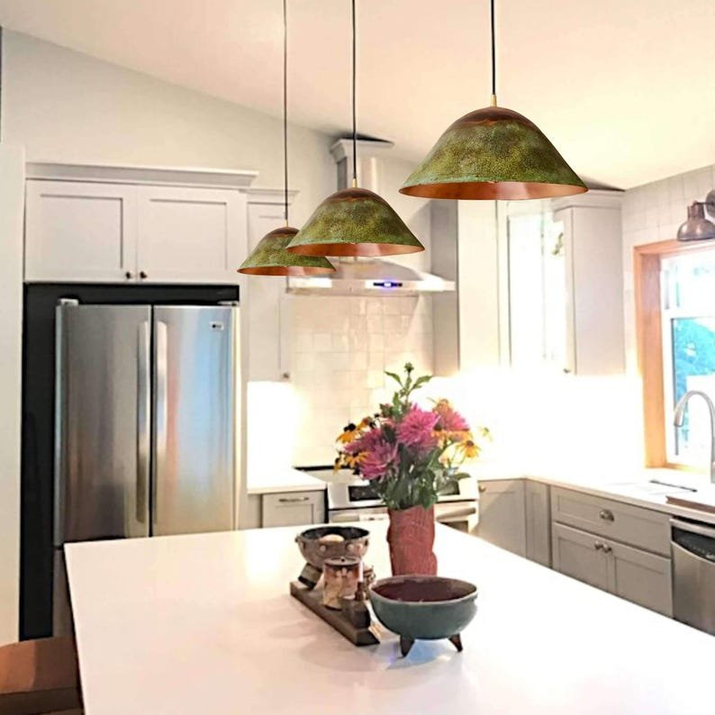 Large Green Patina Copper Pendant Light, Handmade Moroccan Copper Cone Dome Chandelier, Rustic Verdigris Kitchen Island Hanging Lamp, Boho Farmhouse Copper Ceiling Light