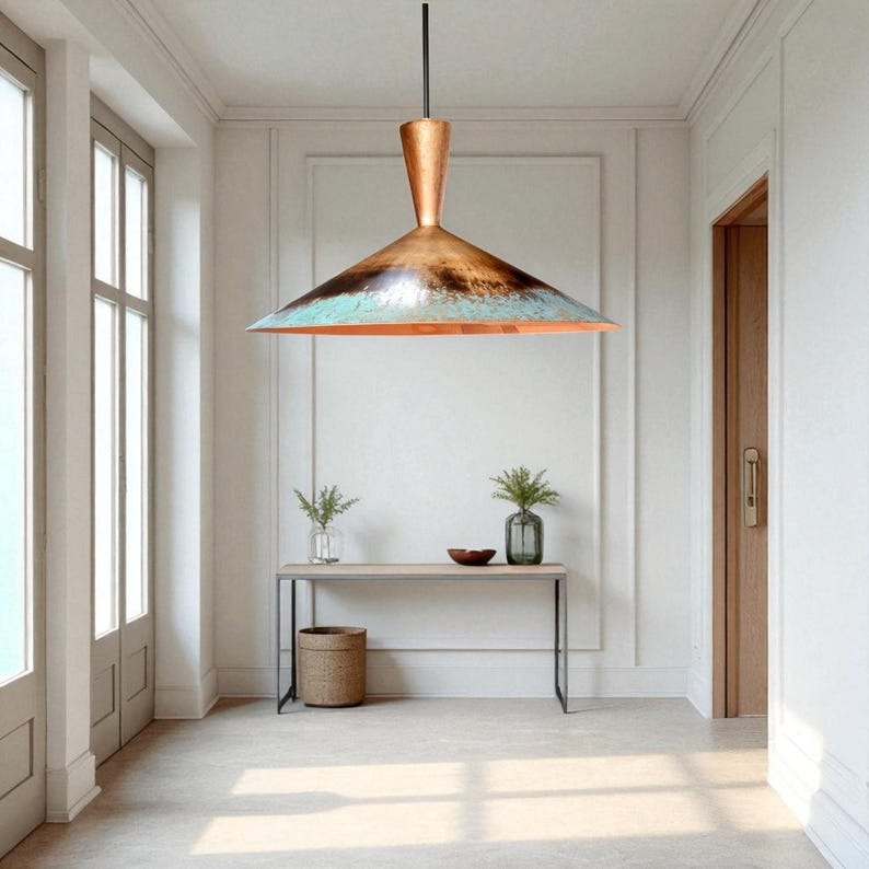 Moroccan Brass Copper and Turquoise Patina Cone Pendant Light, Handmade Brass Mid Century Hanging Lamp, Boho Rustic Kitchen Island Chandelier, Antique Brass Ceiling Light Fixture