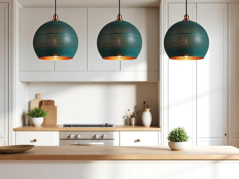 Moroccan Brass Teal Patina Globe Pendant Light, Handmade Pierced Brass Kitchen Island Hanging Lamp, Boho Rustic Blue Green Chandelier, Copper Interior Brass Ceiling Light Fixture