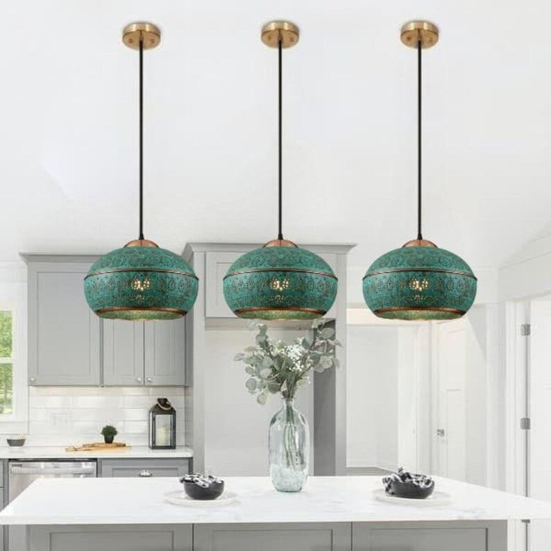 Handmade Green Patina Brass Pendant Light – Moroccan Perforated Dome Pendant Lamp with Copper Bands for Kitchen Island, Dining Room & Boho Home Décor