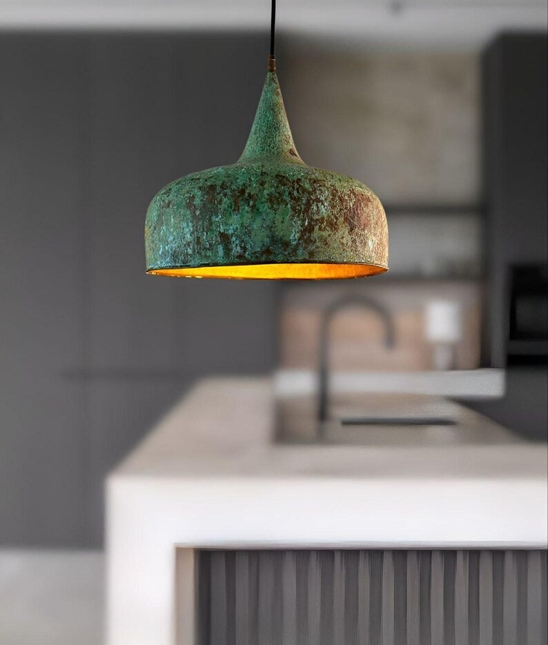 Handmade Green Patina Brass Pendant Light – Moroccan Dome Pendant Lamp with Tall Neck & Warm Gold Interior for Kitchen Island, Dining Room & Boho Home Décor