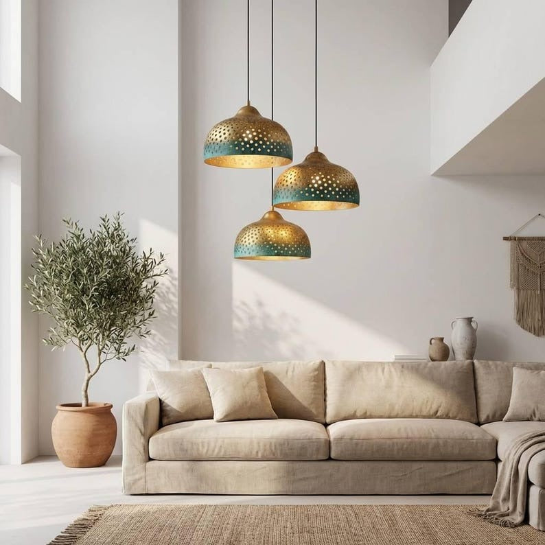 Handmade Moroccan Brass Dome Pendant Light – Perforated Antique Gold and Turquoise Verdigris Hanging Lamp with Warm Brass Interior, Boho Ceiling Light for Kitchen Island, Dining Room & Living Room