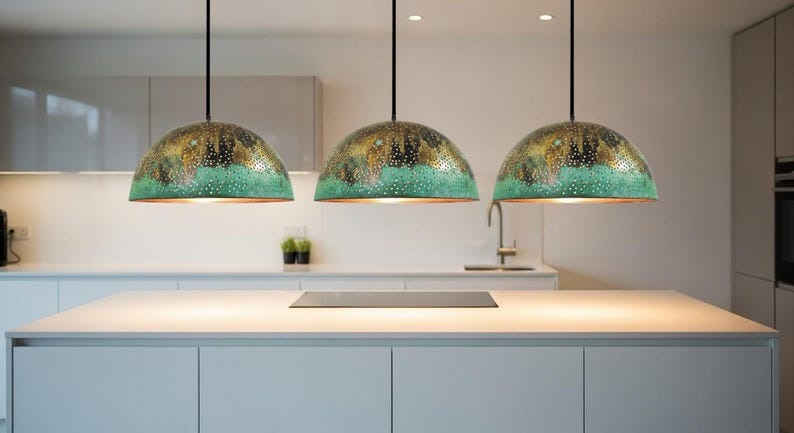 Handmade Moroccan Brass Dome Pendant Light – Perforated Antique Brass and Turquoise Patina Hanging Lamp, Boho Mediterranean Ceiling Light for Kitchen Island, Dining Room & Living Room