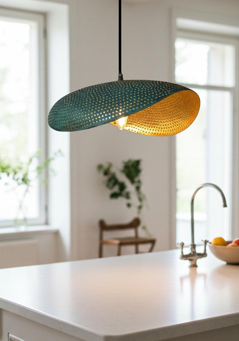 Blue Patina Copper Oval Pendant Light, Handmade Moroccan Sculptural Copper Hanging Lamp, Perforated Hammered Kitchen Island Chandelier, Modern Boho Rustic Ceiling Light Fixture