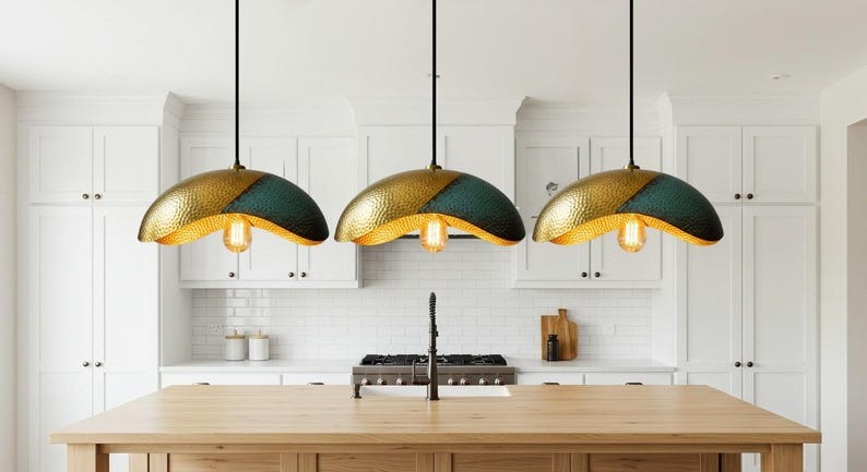 Handmade Perforated Brass Pendant Light – Moroccan Copper Saucer Pendant Lamp for Kitchen Island, Dining Room & Boho Home Décor