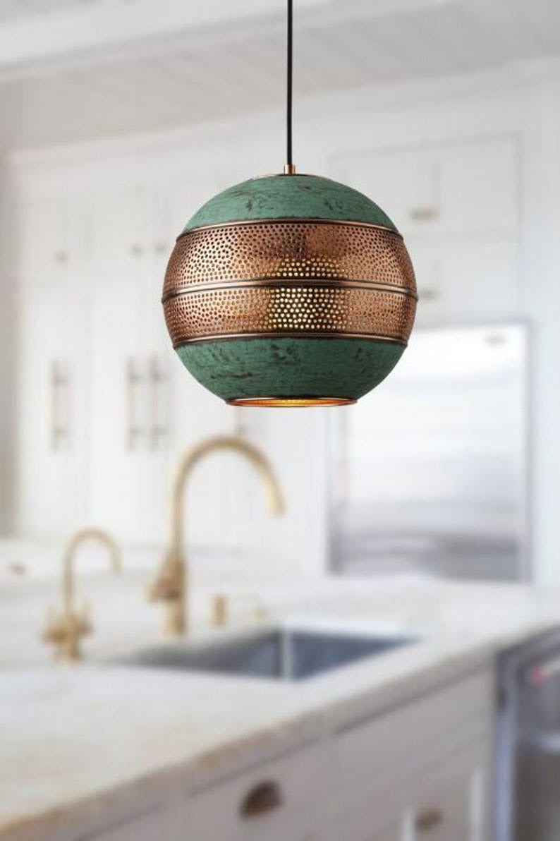 Handmade Green Patina Brass Pendant Light – Moroccan Globe Pendant Lamp with Perforated Copper Brass Band for Kitchen Island, Dining Room & Boho Home Décor