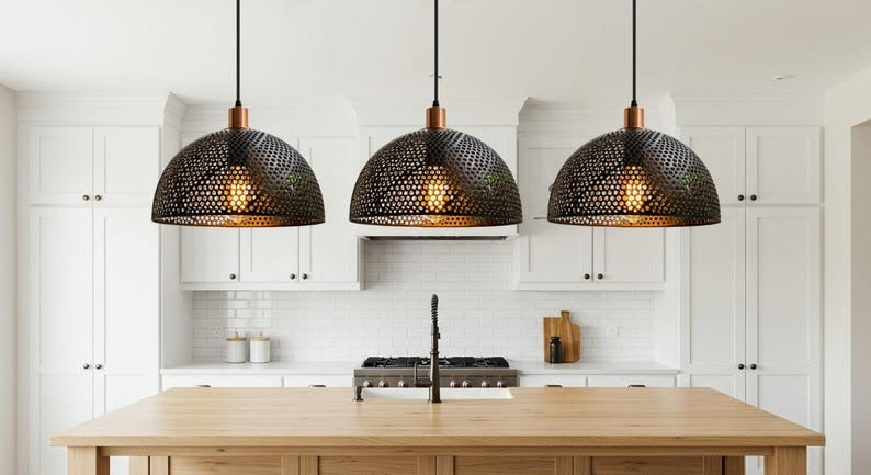 Handmade Moroccan Brass Pendant Light – Pierced Black Dome Ceiling Lamp with Perforated Metalwork, Copper Accents & Patterned Ambient Glow