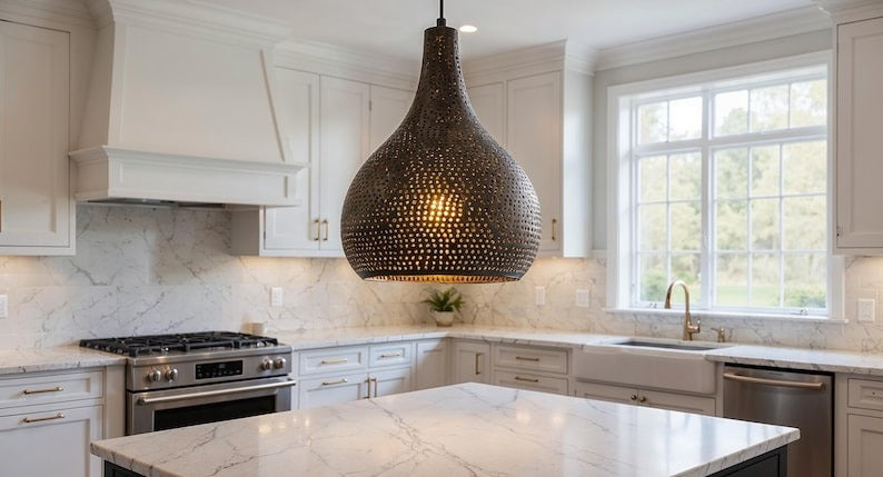 Perforated Teardrop Copper Pendant Light, Handmade Moroccan Pierced Copper Chandelier, Rustic Kitchen Island Hanging Lamp, Boho Farmhouse Ceiling Light Fixture