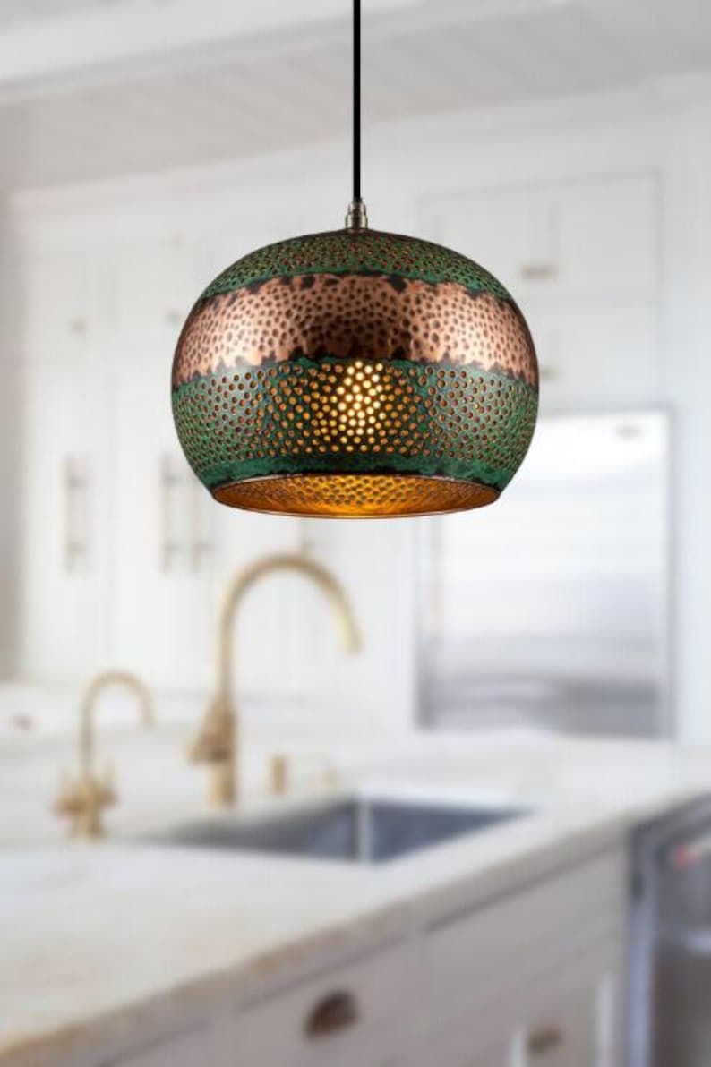 Handmade Perforated Brass Pendant Light – Moroccan Green Patina & Copper Globe Hanging Lamp with Round Cutouts for Kitchen Island, Dining Room & Boho Home Décor
