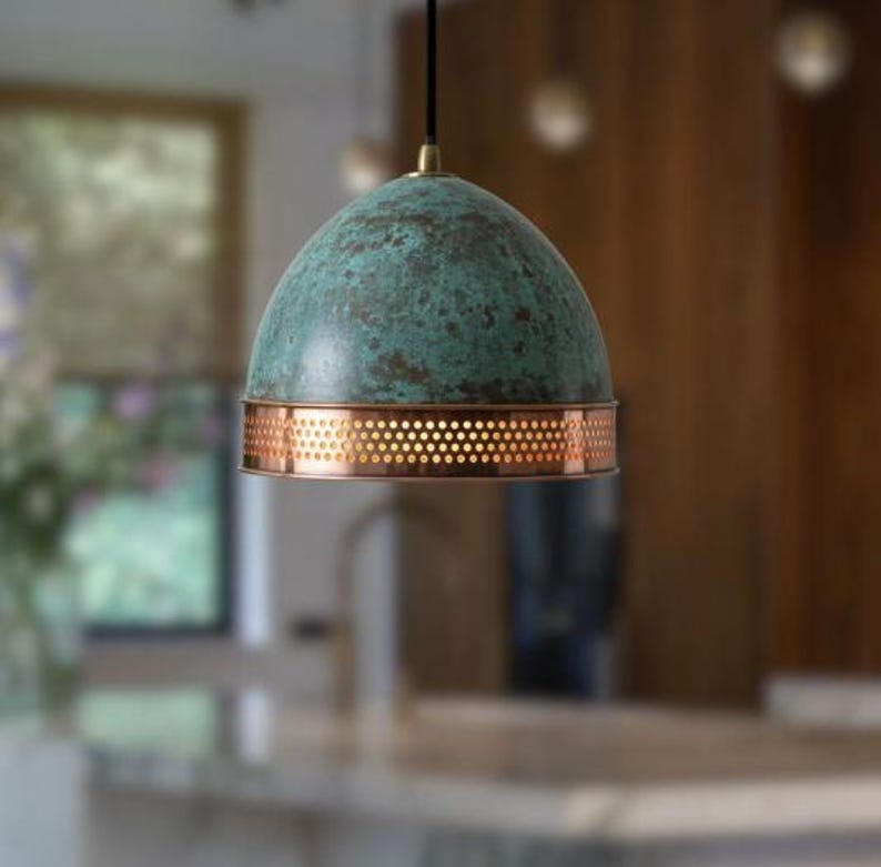 Handmade Green Patina Brass Pendant Light – Moroccan Dome Hanging Lamp with Perforated Copper Brass Band for Kitchen Island, Dining Room & Boho Home Décor