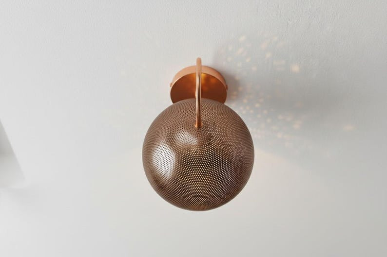 Handmade Moroccan Brass Wall Sconce – Perforated Copper Brass Dome Wall Light with Curved Arm, Warm Boho Mediterranean Bedside Lamp for Bedroom, Hallway, Bathroom & Entryway