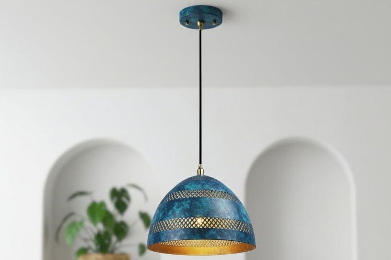 Handmade Moroccan Brass Pendant Light – Blue Verdigris Patina Dome Lamp with Pierced Lattice Bands, Warm Gold Interior Ceiling Light for Kitchen Island, Dining Room, Bedroom & Entryway