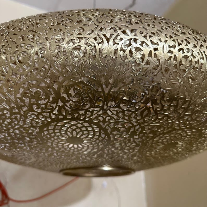 Large Moroccan Pierced Brass Dome Pendant Light, Handmade Moorish Floral Medallion Chandelier, Boho Arabic Shadow Lamp, Luxury Gold Filigree Ceiling Light Fixture