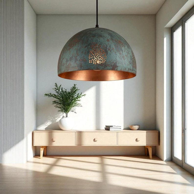 Handmade Brass Dome Pendant Light – Blue Green Patina Moroccan Ceiling Lamp, Copper Interior Kitchen Island Pendant, Pierced Brass Dining Room Light Fixture