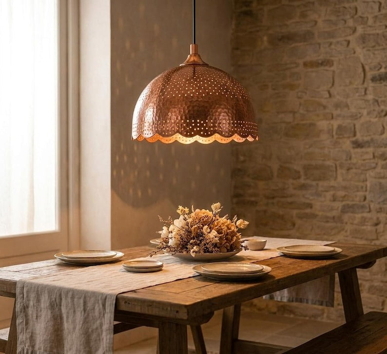 Handmade Moroccan Brass Dome Pendant Light – Hammered Copper Hanging Lamp with Pierced Dot Patterns, Scalloped Edge and Warm Gold Interior for Kitchen Island, Dining Room & Living Room